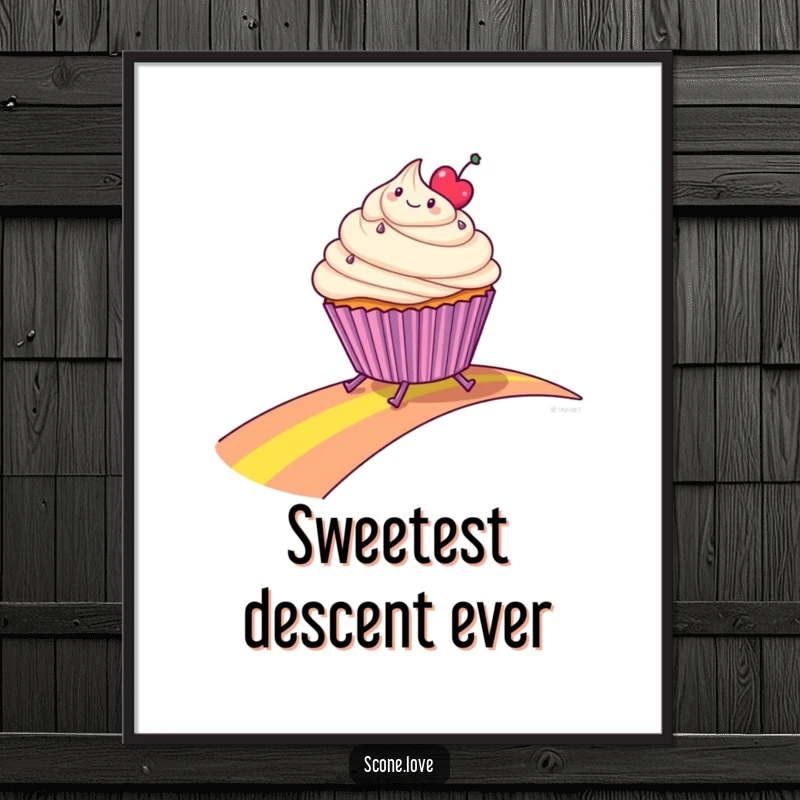 Funny poster depicting a happy cupcake with small legs gracefully sliding down a vibrant rainbow path, a cheerful wall decoration.