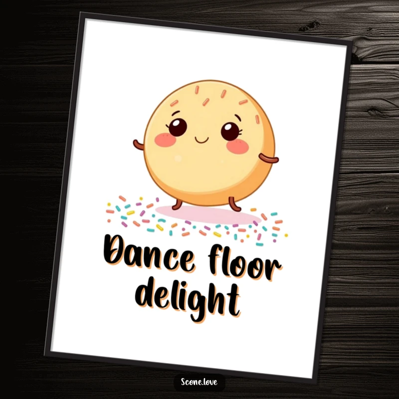 Funny Donut Poster, illustrating a smiling baked good with tiny legs joyfully dancing on sprinkles, adding whimsical and cheerful food art.