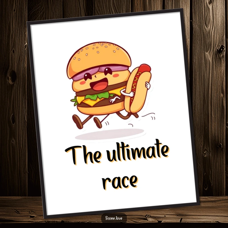 Funny poster print of a hamburger and hot dog locked in a comical foot race, adding a playful and humorous touch to wall decor.