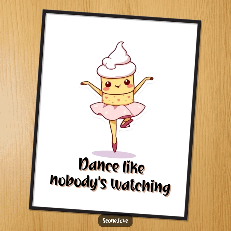 Funny kawaii scone character wobbling slightly during a ballet pirouette, a charming and humorous poster.