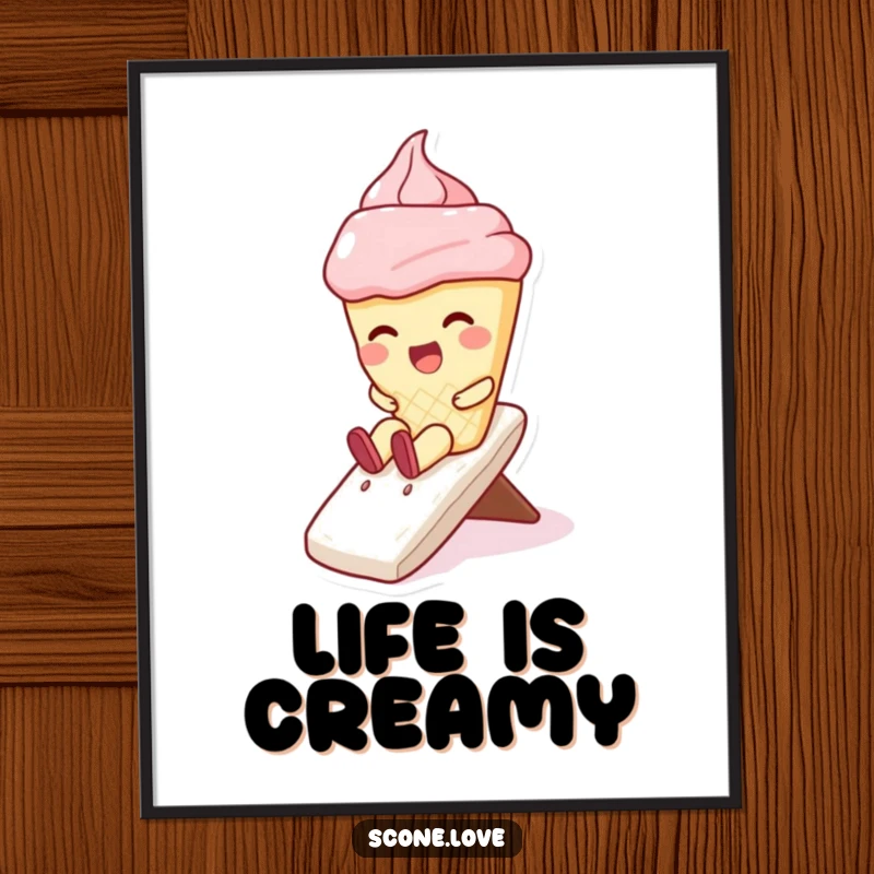 Funny poster featuring a kawaii scone character with a joyful giggle, sliding down a luscious whipped cream slide, sweet and humorous art.