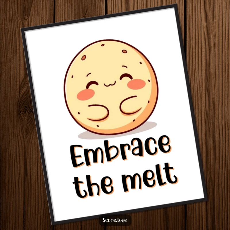 Funny melting donut poster, a happy baked good melting into a warm embrace, bringing a sense of peace and humor.