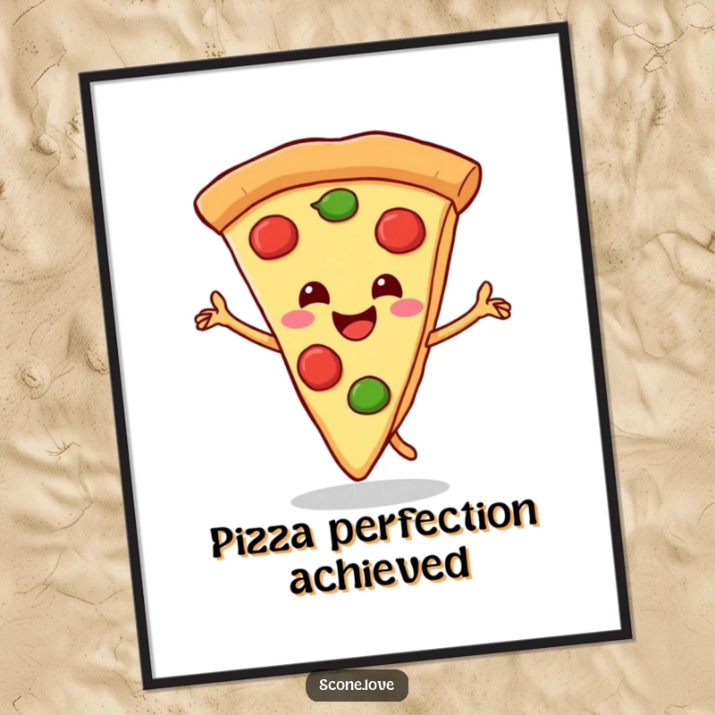 Funny poster of a smiling pizza slice doing a celebratory dance with its crust, bringing delicious humor to wall decor.