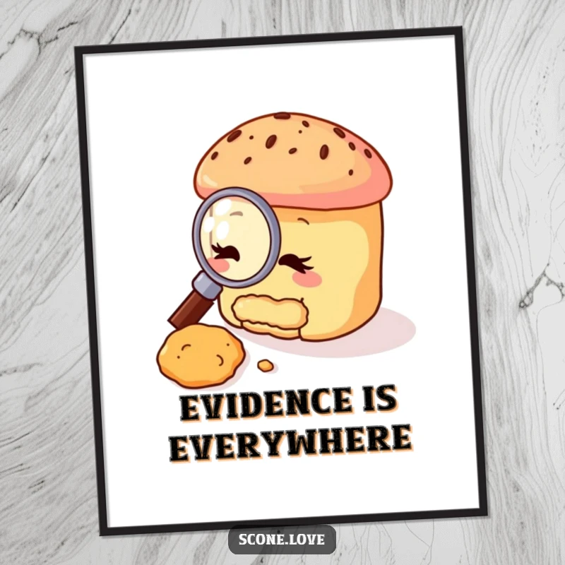 Funny scone poster showing a scone character with a magnifying glass, curiously inspecting a small crumb, adding quirky charm to home decor.