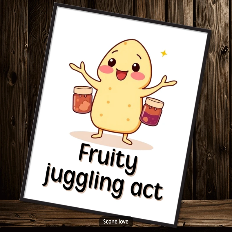 Funny poster art of a scone juggling three tiny jam jars, a charming and humorous piece for any wall.