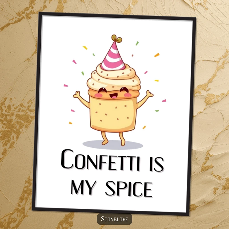 Funny scone with a tiny party hat, captured mid-dance with confetti, making for hilarious wall art.