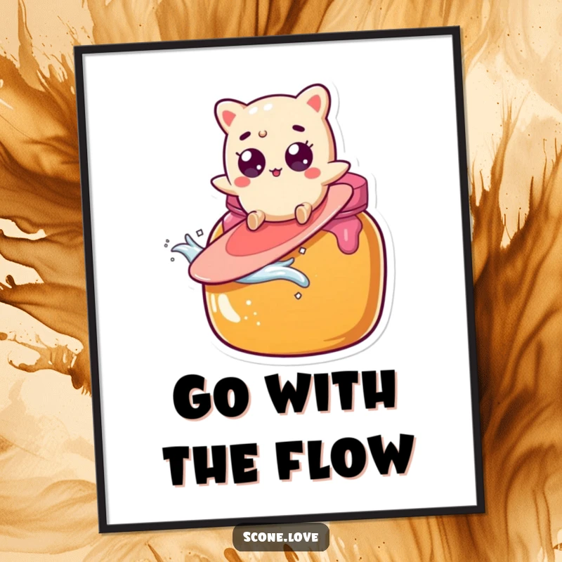 Funny scone character with wide eyes surfs a giant jam jar, captured in a hilarious moment on this poster.