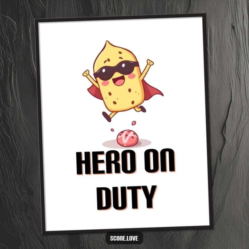 Funny poster art of a superhero scone leaping joyfully over a candy, adding a pop of comic energy.