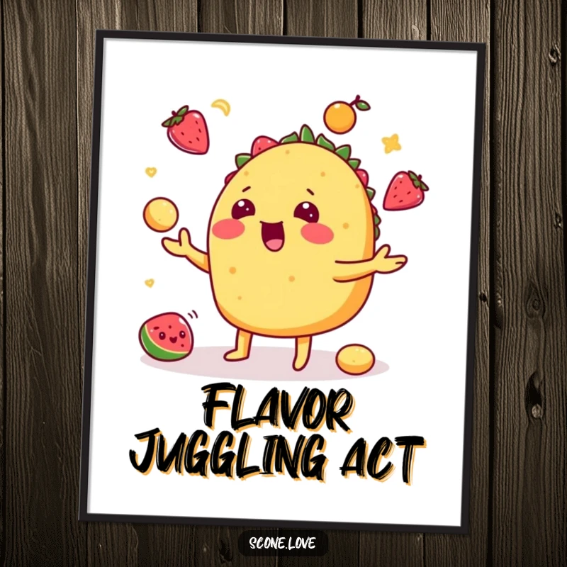 Funny taco poster depicting a playful taco juggling fruits, ideal wall art for kitchens and dining areas.