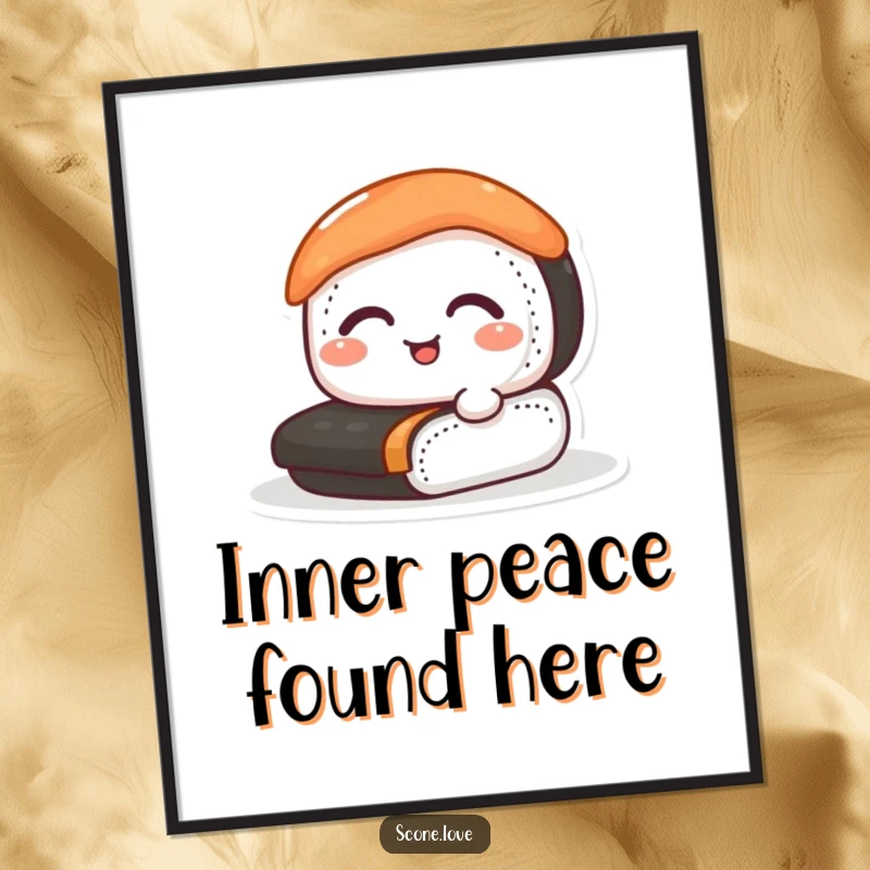 Funny sushi poster depicting a gleeful sushi roll engaged in happy rolling, ideal wall art for kitchens and dorms.