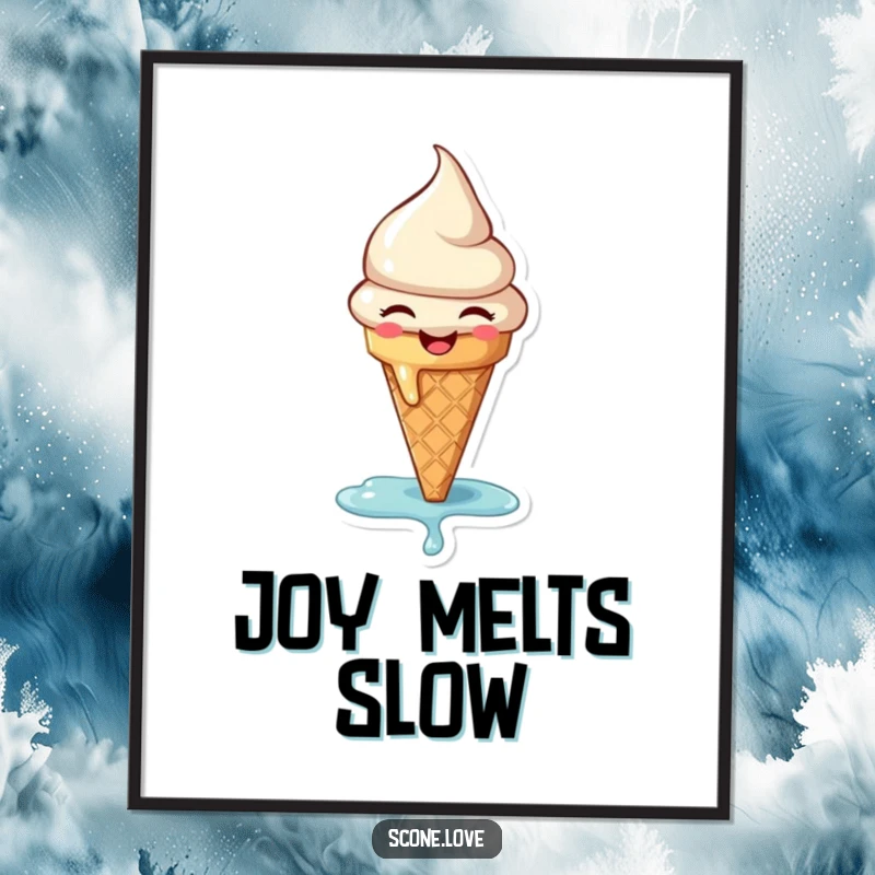 Funny poster art of a small, happy ice cream cone melting joyfully, perfect for adding a sweet and cheerful touch to wall decor.