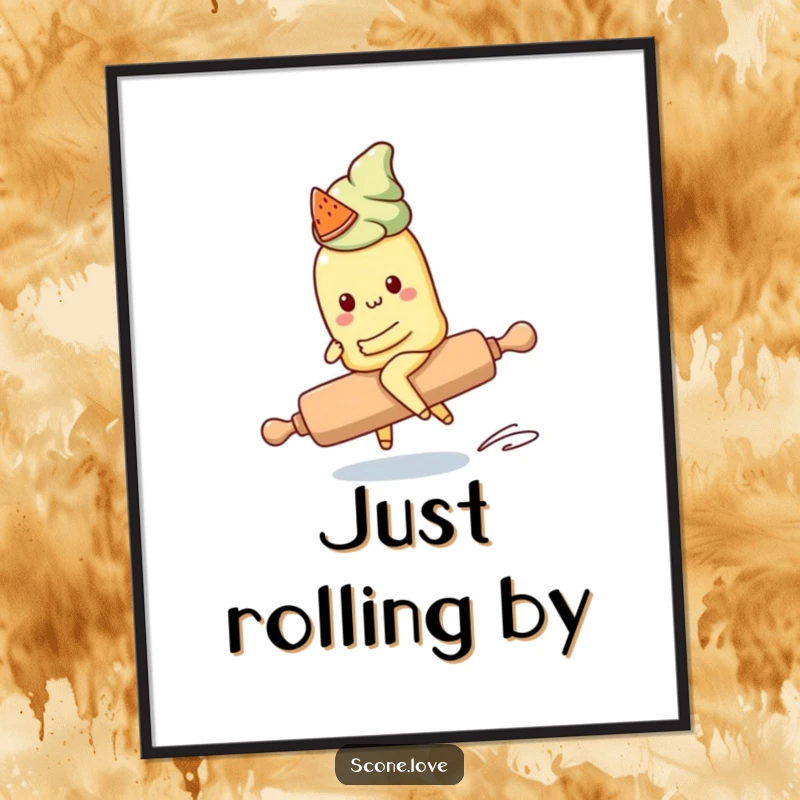 Funny Kawaii Scone Poster: A cute scone character rides a runaway rolling pin, creating a humorous and charming piece of wall art.