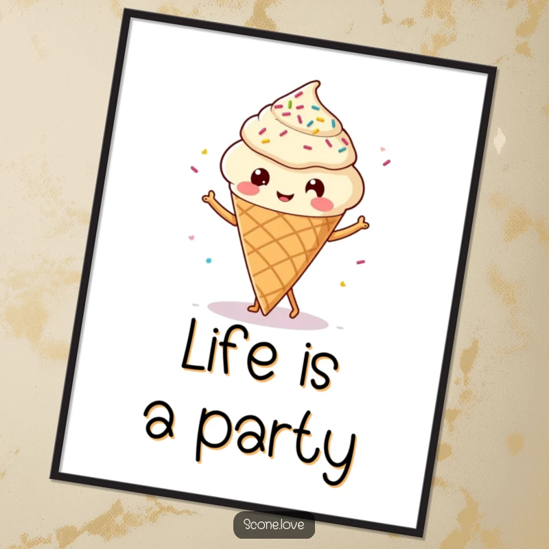 Funny Kawaii Scone Poster: A delightful scone with tiny legs caught mid-dance, surrounded by playful sprinkles.