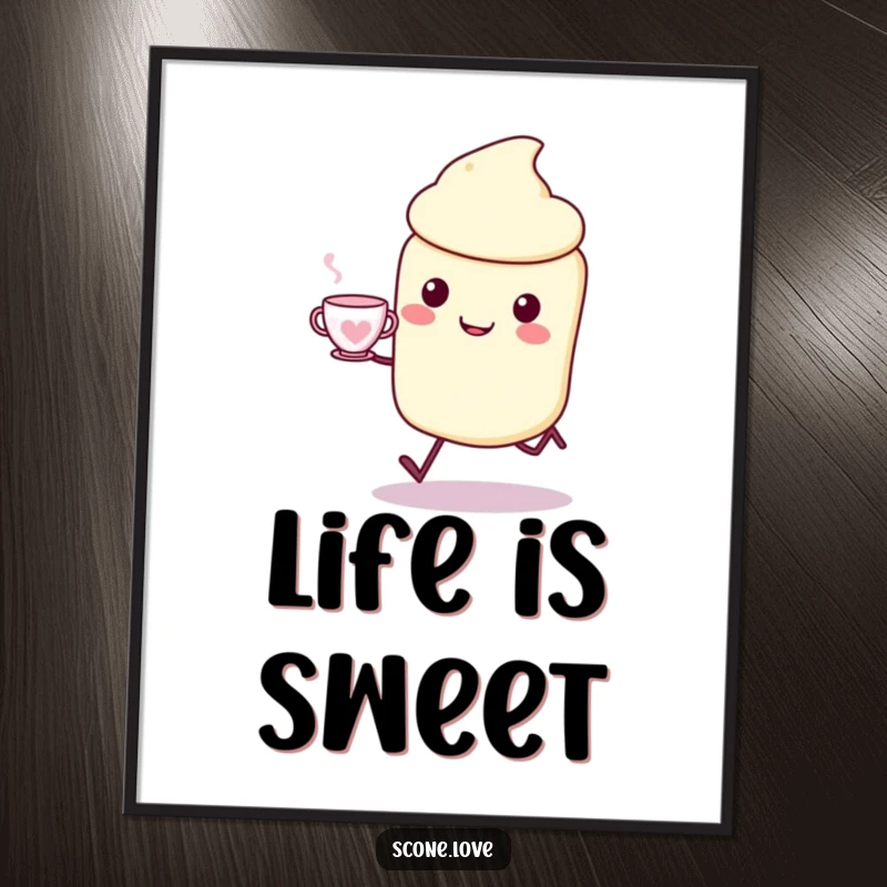 Funny Kawaii Scone Poster depicting a joyful scone skipping with a teacup, perfect for funny wall decor.