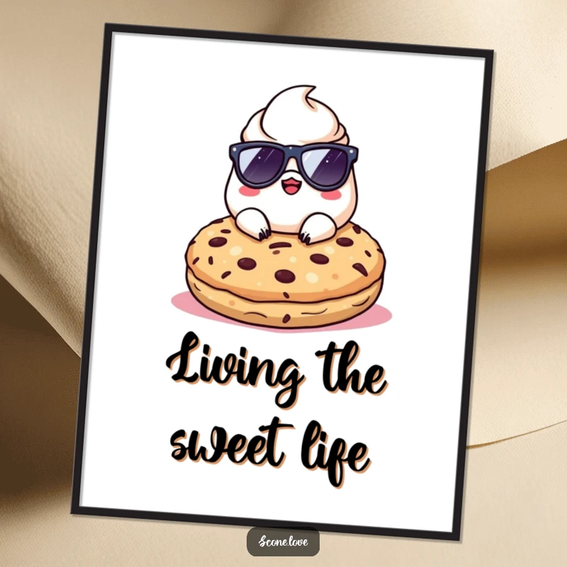 Funny Kawaii Scone, donning sunglasses, relaxing majestically on a giant cookie, creating humorous wall art.