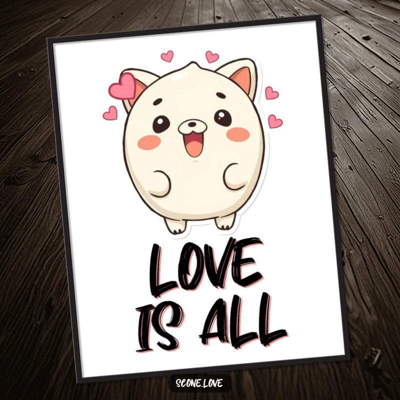 Funny Beaming Scone Poster: A scone character beams with hearts floating around its head, creating a humorous and loving piece of wall art.