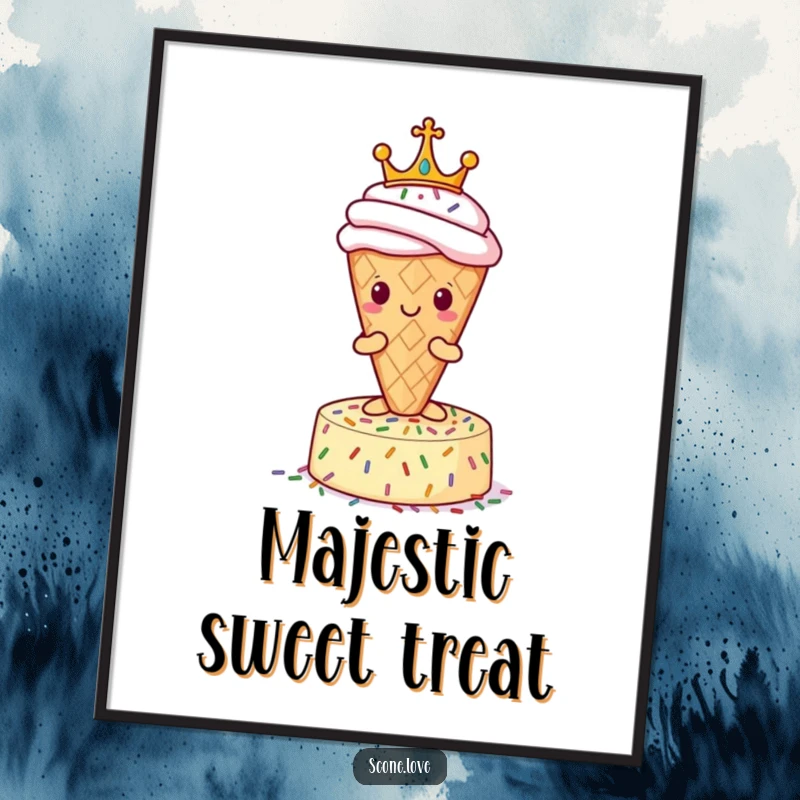 Funny Scone Poster: A crowned scone posing proudly on a pedestal of sprinkles, creating charming and humorous wall art.