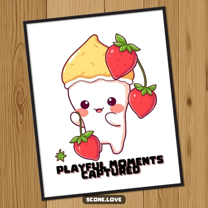 Funny kawaii scone cartoon character playfully batting at a dangling strawberry, showcased as charming wall art.