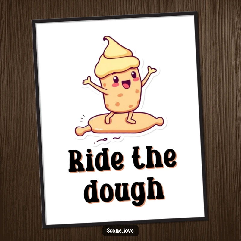 Funny Kawaii Scone Poster: a scone rides a rolling pin like a surfboard with excitement, perfect funny wall art.