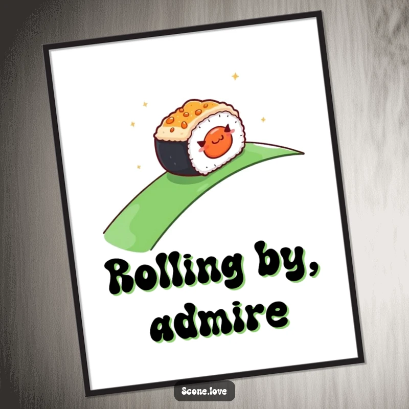 Funny Poster: A happy sushi piece joyfully rolling down a slope, bringing a sense of peace and delicious fun to any wall.