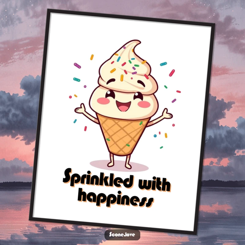 Funny poster displaying a beaming scone character in mid-air, joyfully juggling a colorful sprinkle explosion.