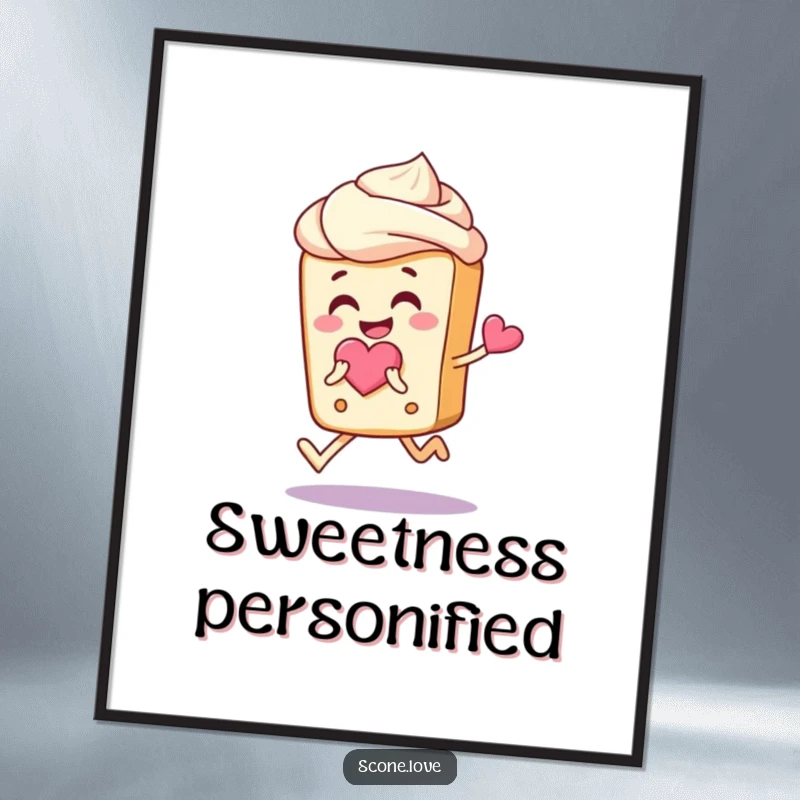 Funny Scone Love Poster: An art print of a joyful scone skipping with a heart, perfect for cheerful decor.