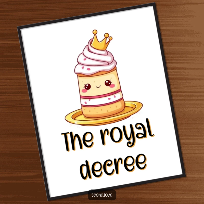 Funny poster showcasing a scone wearing a tiny crown, presented on a golden platter, a piece of charming food art.