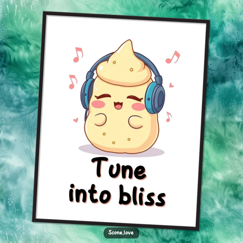 Funny poster art of a scone with headphones, eyes closed, grooving intensely to music, full of rhythm.