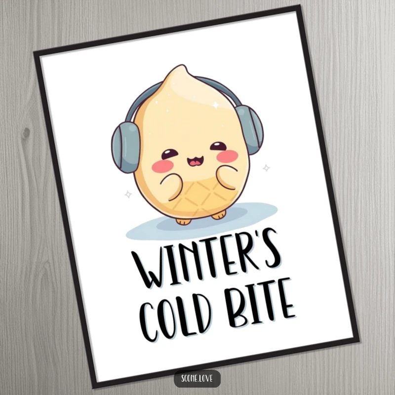 Funny kawaii scone cartoon character wearing earmuffs and shivering humorously, designed as cold-themed wall art.