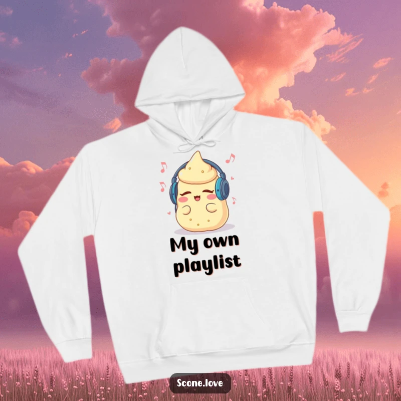 Funny hoodie featuring a scone with headphones, deeply grooving to music, offering cozy musical enjoyment.