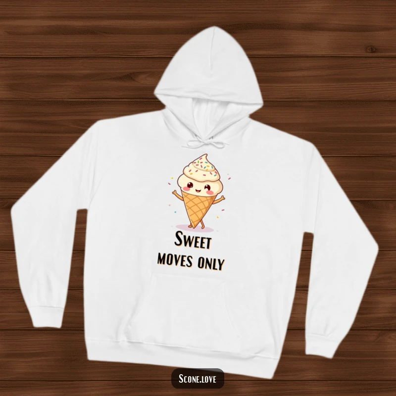 Funny Kawaii Scone Hoodie: A happy scone with little legs performing a joyful dance surrounded by tiny sprinkles.