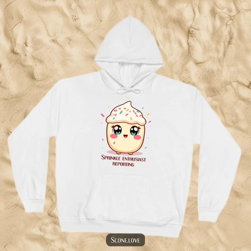 Funny hoodie depicting a cute kawaii scone character with wide eyes, catching falling sprinkles, perfect for cozying up with a laugh.