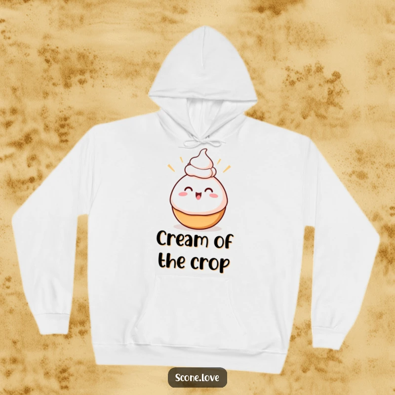 Funny Swirly Baked Good Hoodie, depicting excited swirls balancing cream on its head, offering cozy warmth and sweet, humorous style.