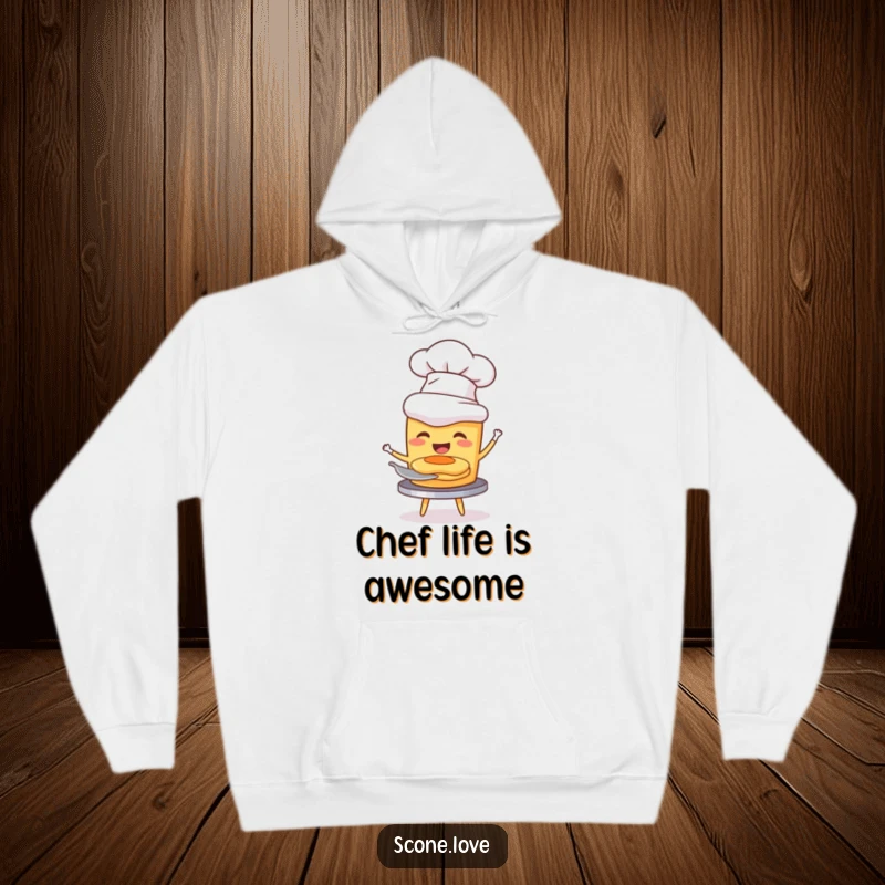Funny hoodie showcasing a scone in a chef hat, joyfully flipping a miniature pancake, a symbol of kitchen fun.