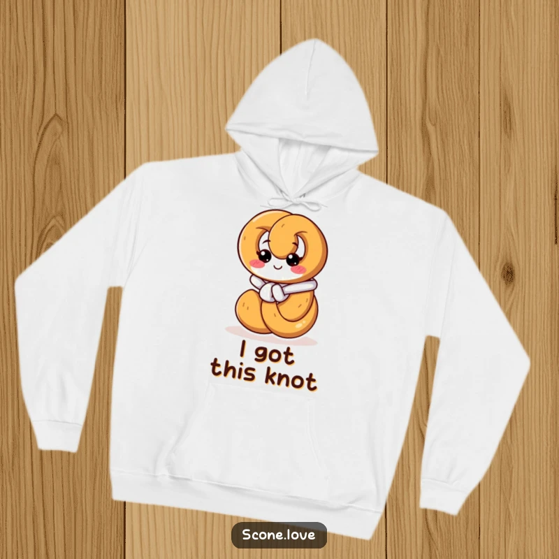 Funny hoodie featuring a pretzel with a determined expression, actively tying its own knot, embodying focus and playful resilience.