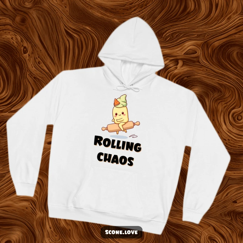 Funny Kawaii Scone Hoodie: A cute scone character attempts to ride a runaway rolling pin, offering humorous comfort and charm.