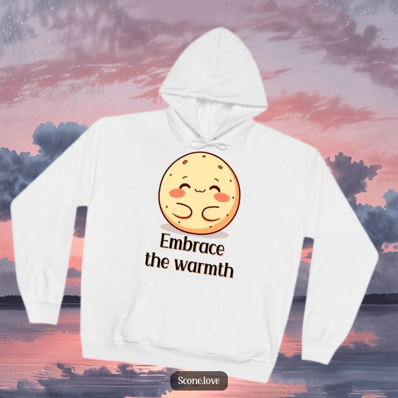 Funny melting donut hoodie, a happy anthropomorphic baked good melting contentedly in a warm hug, designed for ultimate coziness.