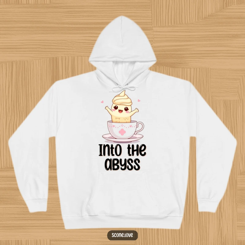 Funny Kawaii Scone Teacup Hoodie: A scone joyfully leaps into a teacup, a picture of pure delight.