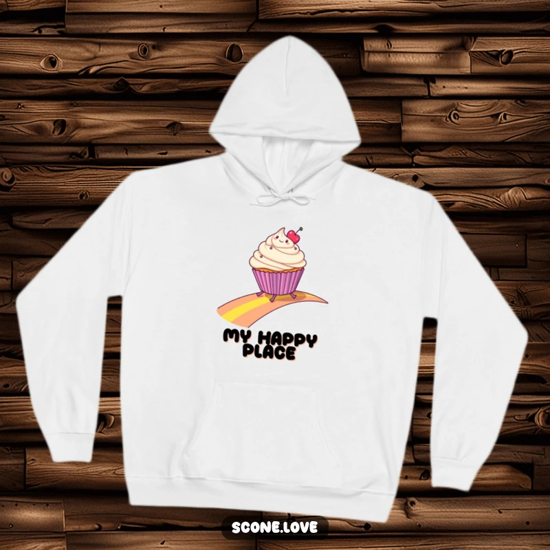 Funny hoodie showcasing a happy cupcake with legs sliding down a bright rainbow, offering warmth and humor.