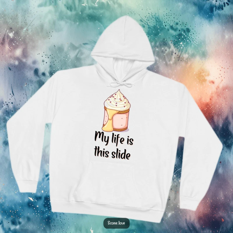 Funny hoodie illustrated with a scone mid-slide down a pat of butter, a comical scene of baked goods chaos.