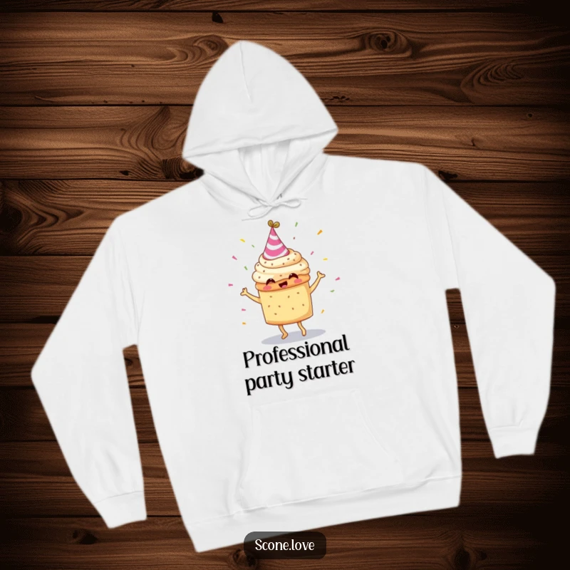 Funny scone character with a party hat, dancing ecstatically with confetti all around on a cozy hoodie.
