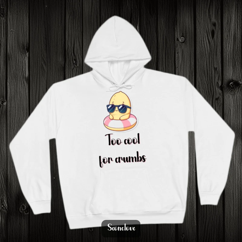 Hoodie featuring a funny scone with sunglasses, chilling on a tiny beach float, bringing vacation vibes to your cozy wear.