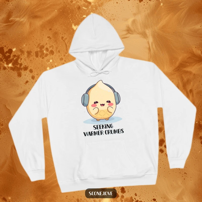 Funny kawaii scone character wearing earmuffs and shivering humorously in a cold environment, featured on a soft, warm hoodie.
