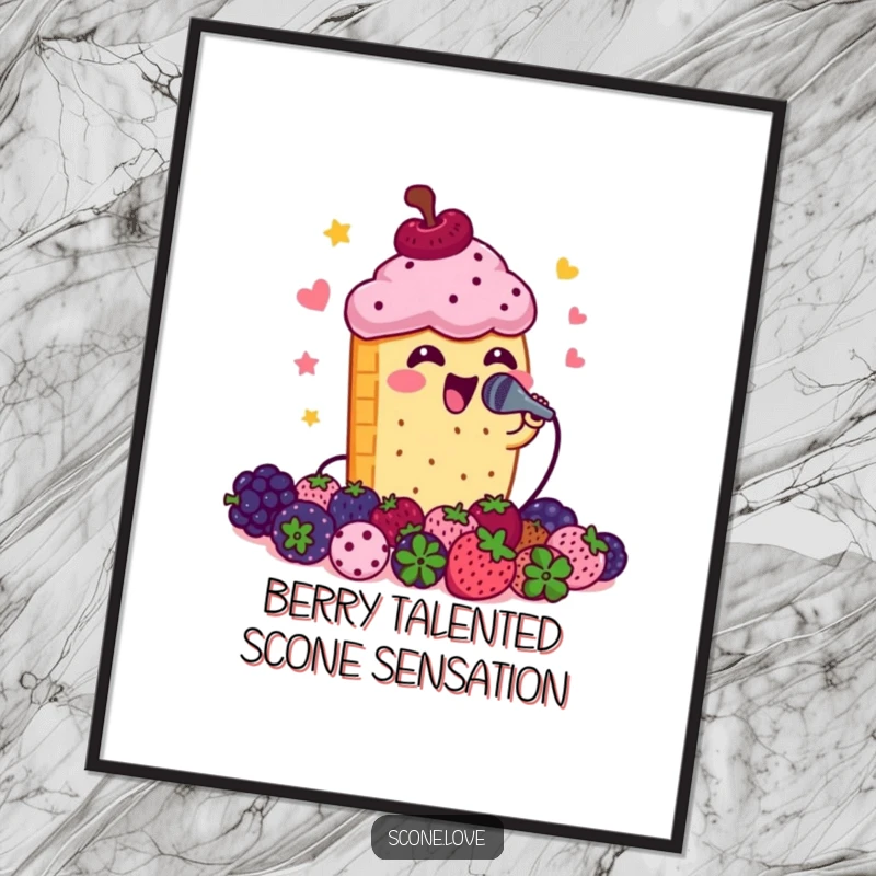 Funny Free Printable Wall Art: A scone with a microphone enthusiastically sings to a small crowd of berries, creating a lively scene.