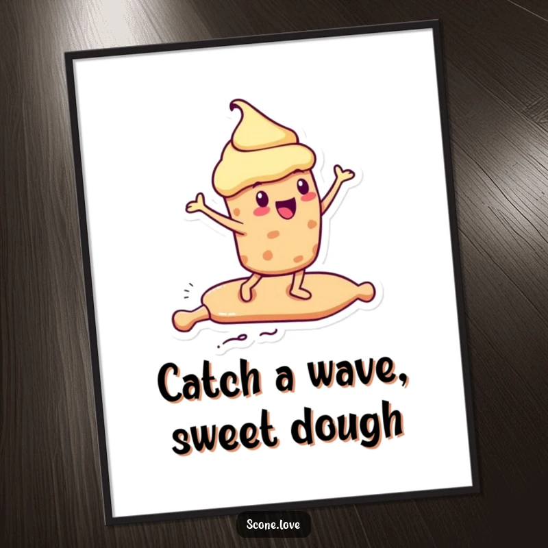 Funny Free Printable Wall Art: A kawaii scone character excitedly riding a rolling pin as if it were a surfboard, full of motion.