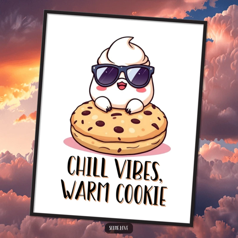 Funny Free Printable Wall Art: Kawaii scone wearing sunglasses, chilling on a giant cookie with a cool attitude.
