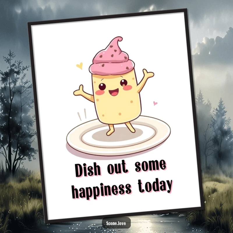 Funny Free Printable Wall Art: Whimsical kawaii scone performing an enthusiastic happy dance atop a large plate.
