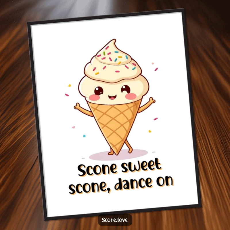 Funny free printable wall art of a kawaii scone with tiny legs, enthusiastically dancing amidst a shower of sprinkles. A cheerful downloadable art piece.