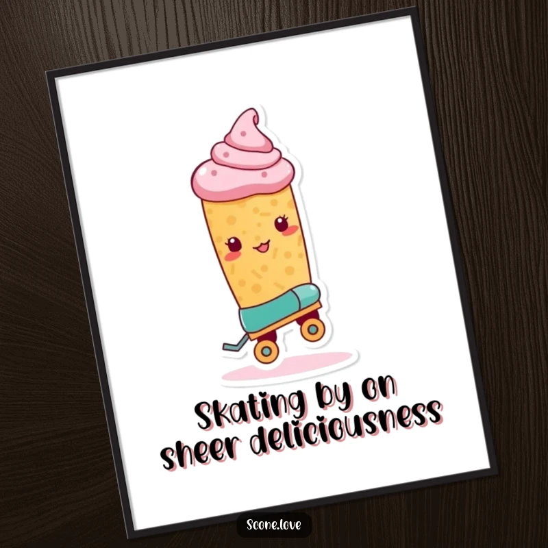 Funny Free Printable Wall Art: Scone with Roller Skate, Preparing Stunt Trick, Action Humor