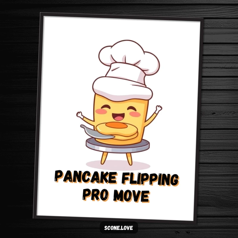 Funny Free Printable Wall Art: A scone with a chef hat joyfully flipping a miniature pancake